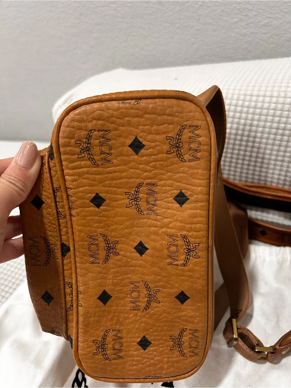 Authentic MCM Cognac Logo Gold Studded Mini Backpack Visetos